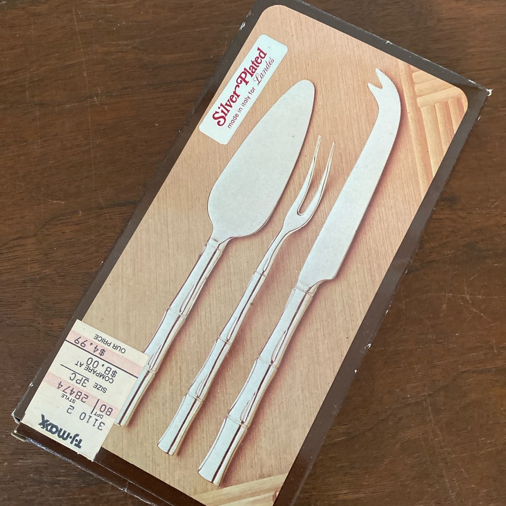 Silver Plated Bamboo Handle Cheese Knife Set Vintage new in box 3 piece set
